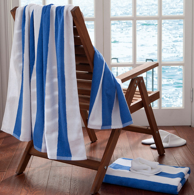 Buy 100 % Cotton White Towel With Blue Stripe Versatile For Bath And Beach online manufacture