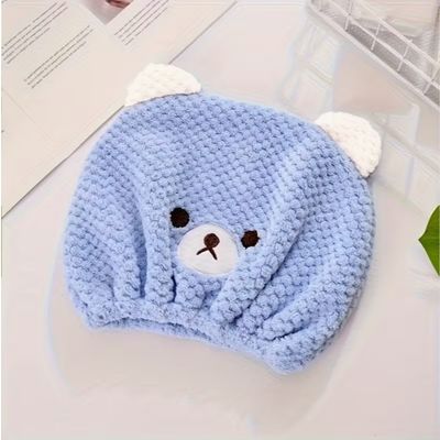 Super Absorbent Coral Fleece Hair Drying Cap with Cute Bear Design and Elastic Fit for Comfortable Use