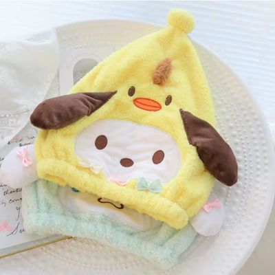 Sanrio Cartoon Print Quick-Dry Hair Cap for Women - Customizable Size Coral Fleece Microfiber Hair Towel Prevents Hair Damage