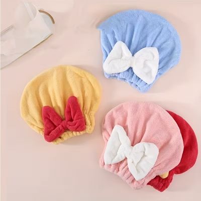 Soft Coral Fleece Hair Drying Cap with Bow – Quick Dry & Ultra Absorbent
